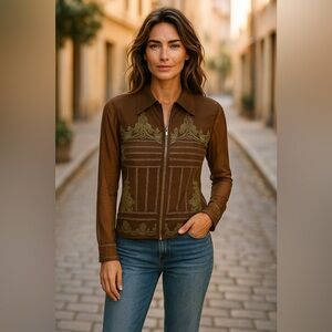 *NEW* SHE'S U.S.A. boutique zipper jacket womens large brown embroidered